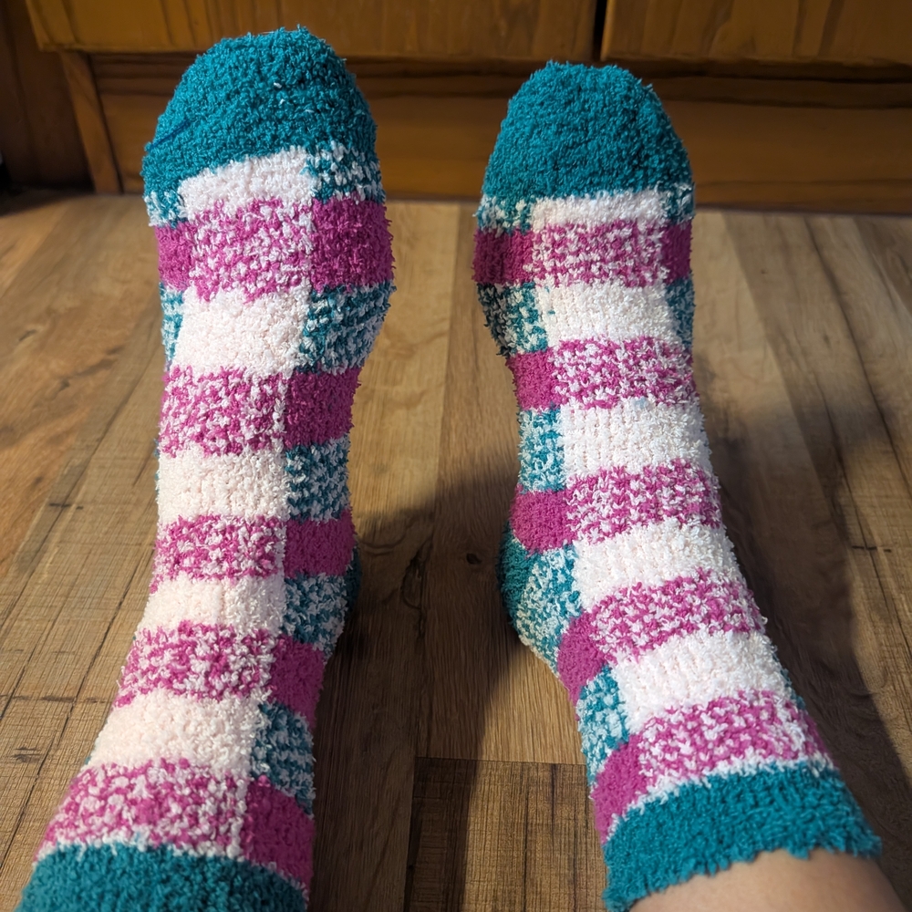 Cozy Plush Check Crew Socks - Teal, Pink & White